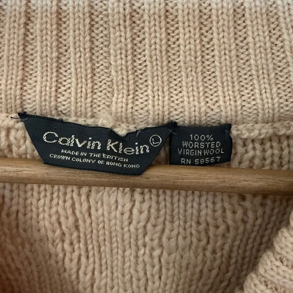 Vintage Calvin Klein 70s Men's Wool Cable Sweater Large Cream